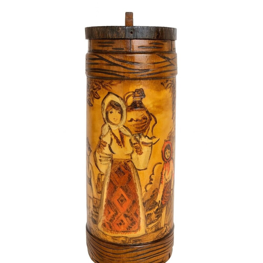 Wooden Tankards Pitcher Beer Stein Hand Painted Carved Romanian Folk Motive Pyro